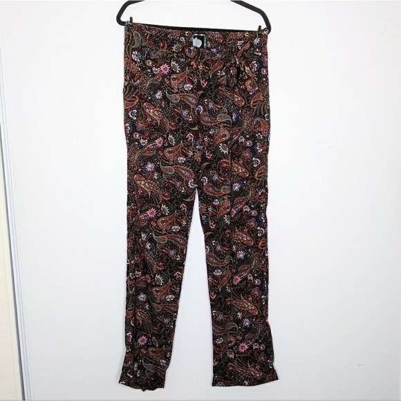 Z & L Elastic Tie Waist Straight Leg Paisley Floral Print Pants Black Red Gold M - Picture 2 of 12